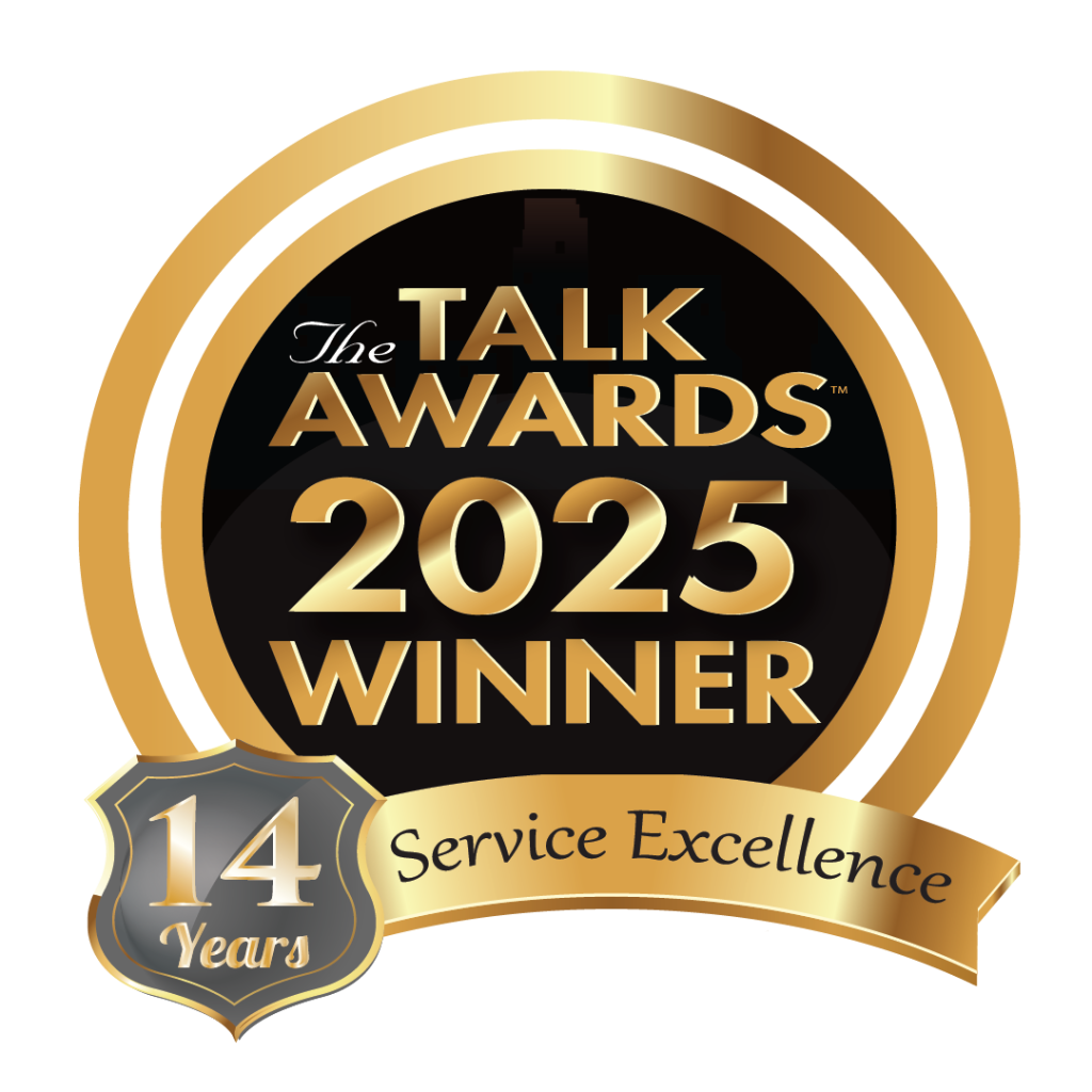 Gold and black Talk Awards 2025 Winner badge with a ribbon reading Service Excellence and a 14 Years shield.